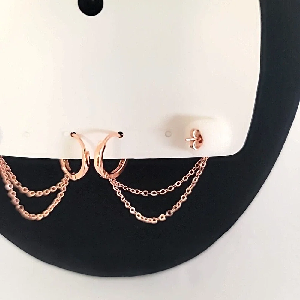 Jewelry Designed By Korea Rose Gold Tone Hoop w/ Chain To CZ‎ Stud Post Earrings